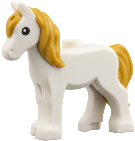112958pb03 | Horse, Foal with Stud on Back with Molded Pearl Gold Tail and Long Mane with Hole and Printed Black Eyes Pattern | LEGOPART