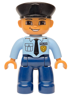 Duplo Figure Lego Ville, Male Police, Dark Blue Legs, Light Blue Top with Badge and Tie, Nougat Hands, Black Hat LEGO 47394pb141 | Fyrebrick.be