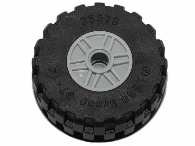 55981c07 | Wheel 18mm D. x 14mm with Pin Hole, Fake Bolts and Shallow Spokes with Black Tire 37 x 14 | LEGOPART