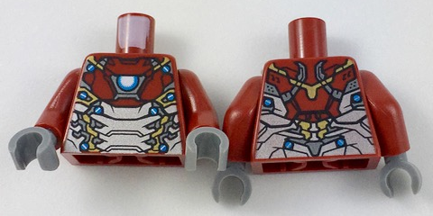 973pb2767c01 | Torso Silver, Gold, and Light Blue Armor, Iron Man Arc Reactor on Chest Pattern / Dark Red Arms / Dark Bluish Gray Hands | LEGOPART