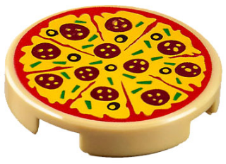 14769pb160 | Tile, Round 2 x 2 with Bottom Stud Holder with Sliced Pizza with Red Tomato Sauce, Yellow Cheese, Dark Red Pepperoni, Black Olives, and Green Bell Peppers Pattern | LEGOPART