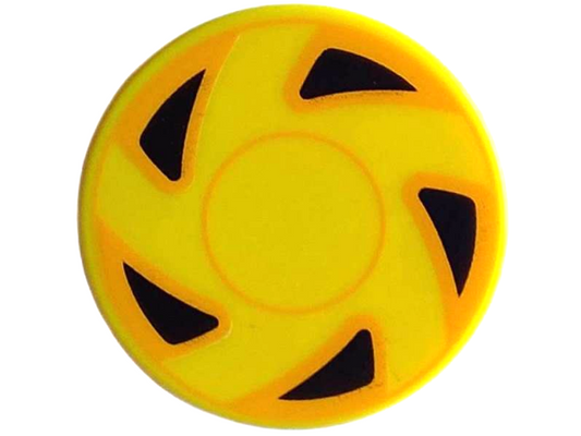 14769pb538 | Tile, Round 2 x 2 with Bottom Stud Holder with Hubcap with Circles and 5 Black Triangles with Bright Light Orange Edges Pattern | LEGOPART