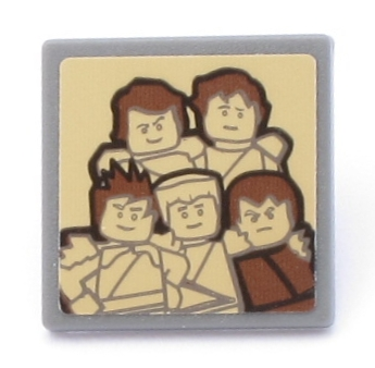 15210pb055 | Road Sign 2 x 2 Square with Open O Clip with 5 Ninjago Minifigures on Tan Background Pattern | LEGOPART