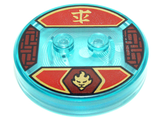 18605c01pb31 | Dimensions Toy Tag 4 x 4 x 2/3 with 2 Studs and Trans-Light Blue Bottom with Gold Flaming Lion Head in Dark Red Hexagon and Ninjago Logogram | LEGOPART