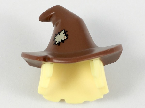 20606pb03 | Minifigure, Hair Combo, Hair with Hat, Mid-Length Scraggly with Molded Reddish Brown Floppy Witch Hat and Printed Tan Patch Pattern | LEGOPART