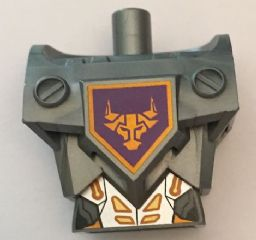 23763c01pb01 | Torso, Modified Oversized with Armor with Pin Holes with Orange and Gold Circuitry #1 and Orange Bull Head on Dark Purple Pentagonal Shield Pattern | LEGOPART