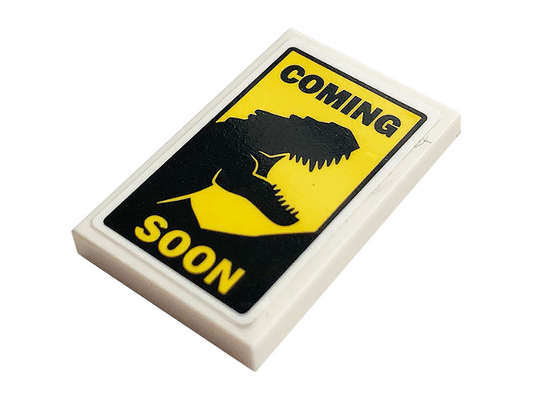 26603pb123 | Tile 2 x 3 with Black 'COMING' and Dinosaur, Yellow 'SOON' Pattern | LEGOPART