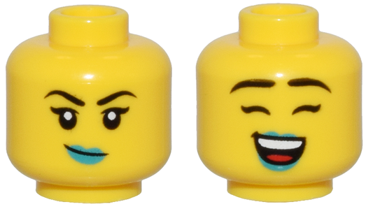 28621pb0189 | Minifigure, Head Dual Sided Female Thin Black Eyebrows, Dark Turquoise Lips, and Crooked Smile / Closed Eyes, Open Mouth Smile Pattern - Vented Stud | LEGOPART