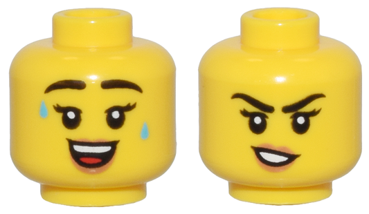 28621pb0193 | Minifigure, Head Dual Sided Female Black Eyebrows and Eyelashes, Medium Nougat Lips, Sweat Drops and Open Mouth Smile / Crooked Mouth Pattern - Vented Stud | LEGOPART