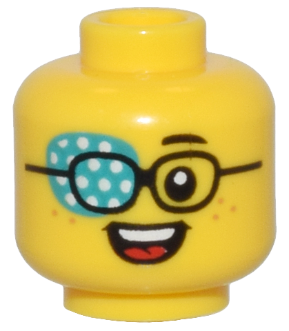 28621pb0196 | Minifigure, Head Black Glasses, Dark Turquoise Eye Patch with White Dots, Freckles, and Open Mouth Smile Pattern - Vented Stud | LEGOPART