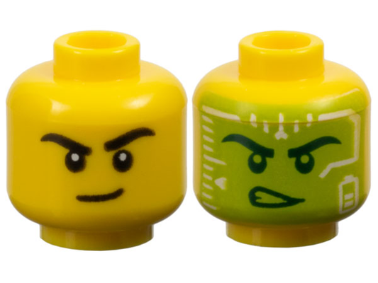 28621pb0264 | Minifigure, Head Dual Sided Black Eyebrows and Lopsided Grin / Dark Green Eyebrows, Eyes, and Determined Open Mouth with Teeth, Lime and White Head-Up Display | LEGOPART