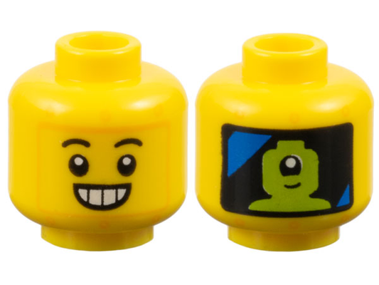 28621pb0266 | Minifigure, Head Robot Black Eyebrows, Open Smile with Teeth, Bright Light Orange Rivets, Panel with Blue Streaks and Lime Alien Pilot on Back Pattern - Vented Stud | LEGOPART