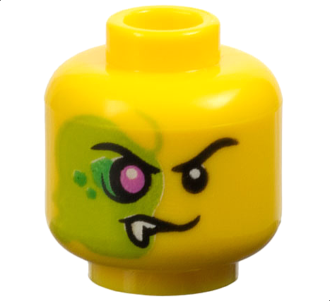 28621pb0270 | Minifigure, Head Alien Black Eyebrows, Evil Grin Left, Lime Face with Magenta Eye, Bright Green Scales, and White Fang Right Pattern - Vented Stud | LEGOPART