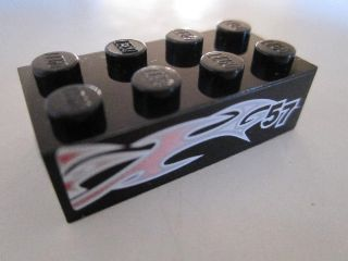 3001pb087L | Brick 2 x 4 with Silver and Pink Flames and '57' on Black Background Pattern Model Left Side (Sticker) - Set 8495 | LEGOPART