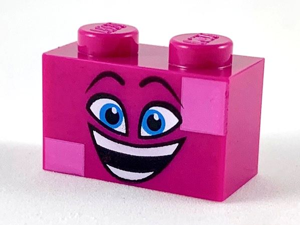 3004pb186 | Brick 1 x 2 with Black Raised Eyebrows, Dark Azure Eyes, Open Mouth Smile with Teeth, and Dark Pink Squares Pattern | LEGOPART