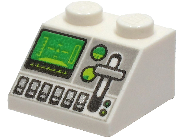 3039pb143 | Slope 45 2 x 2 with Green Control Screen, Gauges, Light Bluish Gray Lever and Silver Buttons Pattern | LEGOPART