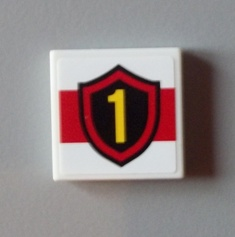 3068pb0632 | Tile 2 x 2 with Yellow Number 1 Fire Logo Badge on Red Stripe Pattern | LEGOPART