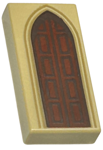 3069pb1191 | Tile 1 x 2 with Reddish Brown Door with Dark Brown Edges and Rectangles and Dark Tan Arch Pattern | LEGOPART