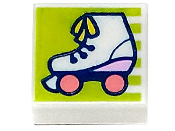 3070pb238 | Tile 1 x 1 with Roller Skate with Yellow Laces, Bright Pink Heel, and Coral Wheels on Lime Background with Stripes Pattern | LEGOPART