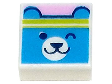 3070pb239 | Tile 1 x 1 with Dark Azure Bear Head with Winking Face and Lime Headband on Bright Pink Background Pattern | LEGOPART