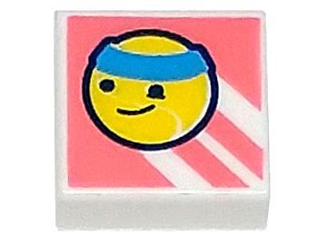 3070pb246 | Tile 1 x 1 with Yellow Tennis Ball with Face and Dark Azure Headband on Coral Background with Diagonal Stripes Pattern | LEGOPART