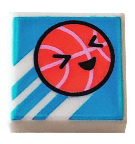 3070pb250 | Tile 1 x 1 with Coral Basketball with Face and Bright Pink Lines on Dark Azure Background with Diagonal Stripes Pattern | LEGOPART