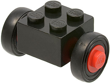 3137c01assy1 | Brick, Modified 2 x 2 with Red Wheels for Single Tire with Black Tires 14mm D. x 4mm Smooth Small Single | LEGOPART