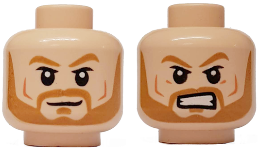 3626cpb1307 | Minifigure, Head Dual Sided Medium Nougat Eyebrows and Beard, Smirk / Angry with Bared Teeth Pattern - Hollow Stud | LEGOPART