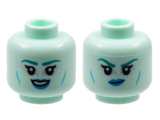 3626cpb2961 | Minifigure, Head Dual Sided Alien Female Dark Turquoise Eyebrows, Silver Freckles, Dark Azure Lips, Cheek Lines, Smile / Scowl Pattern - Hollow Stud | LEGOPART