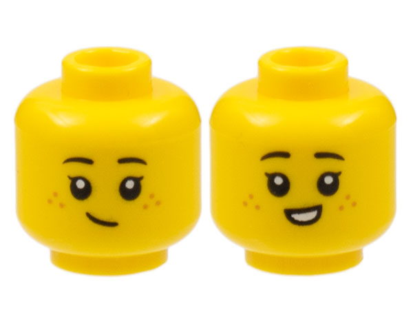 3626cpb3095 | Minifigure, Head Dual Sided Child Female Black Eyebrows, Medium Nougat Freckles, Lopside Grin / Small Smile with Teeth Pattern - Hollow Stud | LEGOPART