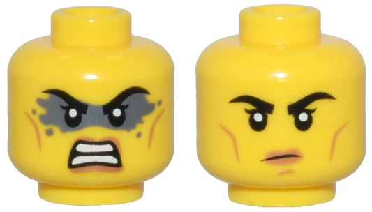 3626pb3514 | Minifigure, Head Dual Sided Female Black Eyebrows, Medium Nougat Lips and Cheek Lines, Dark Bluish Gray Face Paint, Angry / Closed Mouth Frown Pattern | LEGOPART