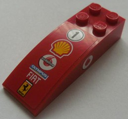 44126pb018 | Slope, Curved 6 x 2 with Number 1 in Circle, Shell, Vodafone, Olympus, Fiat, and Ferrari Logos on Top, Vodafone Logo on Both Sides Pattern | LEGOPART