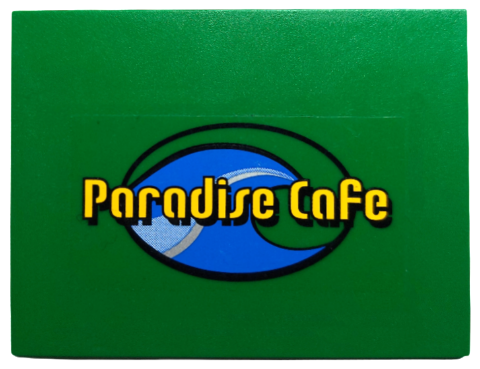 4515pb042 | Slope 10 6 x 8 with Yellow 'Paradise Cafe' over Blue Wave in Oval Pattern | LEGOPART