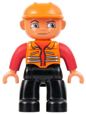 Duplo Figure Lego Ville, Male, Black Legs, Orange Vest, Orange Construction Helmet LEGO 47394pb001 | Fyrebrick.be