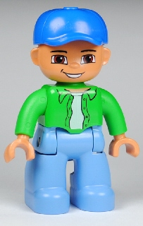 Duplo Figure Lego Ville, Male, Medium Blue Legs, Bright Green Top with White Undershirt, Blue Cap (4596029) LEGO 47394pb127 | Fyrebrick.be