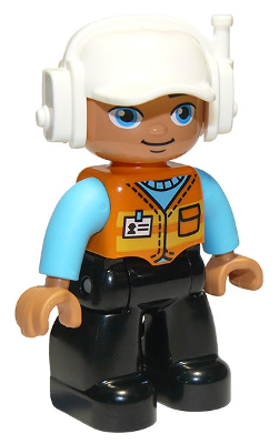 Duplo Figure Lego Ville, Male, Black Legs, Orange Vest with Badge and Pocket, Medium Azure Arms, White Cap with Headset (6301361) LEGO DUPLO 47394pb288