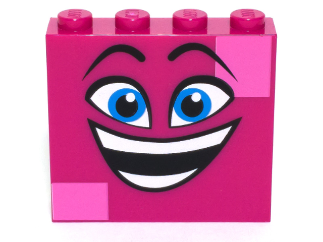 49311pb001 | Brick 1 x 4 x 3 with Black Raised Eyebrows, Dark Azure Eyes, Open Mouth Smile with Teeth, and Dark Pink Squares Pattern | LEGOPART