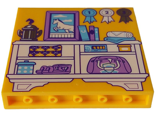 59349pb324 | Panel 1 x 6 x 5 with White Cabinet with Medium Lavender Bag, Shoes and Painting, Silver Trophy, Pots, Books and Blankets Pattern | LEGOPART