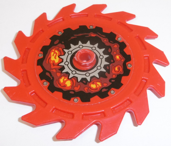 61403pb06 | Technic Circular Saw Blade 9 x 9 with Pin Hole and Teeth in Same Direction with Silver Gear, Rivets and Lava Energy Pattern | LEGOPART