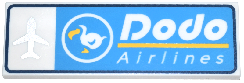 69729pb119 | Tile 2 x 6 with Dark Azure and Dark Blue Sign, Silver Airplane, White and Yellow Bird and 'Dodo Airlines' Pattern | LEGOPART