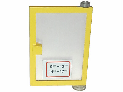 73435c01pb02 | Door 1 x 4 x 5 Right with Trans-Clear Glass and White Open Hours '9-12 / 14-17' Pattern | LEGOPART