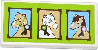 87079pb0147 | Tile 2 x 4 with 3 Horse Portraits on Lime Backgound Pattern | LEGOPART