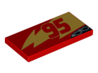 87079pb0435L | Tile 2 x 4 with Gold Lightning, Red '95' and Exhaust Pipes Pattern Model Left Side | LEGOPART