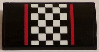 88930pb052 | Slope, Curved 2 x 4 x 2/3 with Bottom Tubes with Red Stripes and Black and White Checkered Pattern | LEGOPART