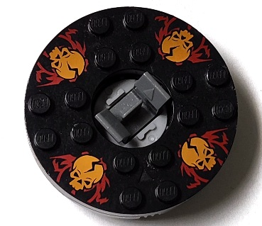 92549c02pb02 | Turntable 6 x 6 x 1 1/3 Round Base with Black Top with Orange Skulls on Red Pattern | LEGOPART