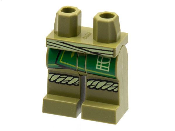 970c00pb1308 | Hips and Legs with Tan Sash and Knee Wrappings, Green Robe End Pattern | LEGOPART