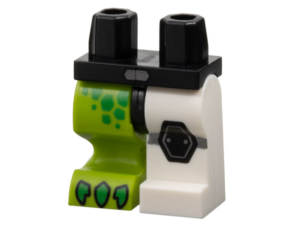 970d58pb01 | Hips and 1 White Left Leg, 1 Lime Right Animal Leg with Black Hexagon Knee Pad Left and Bright Green Scales and Claws Right Pattern | LEGOPART