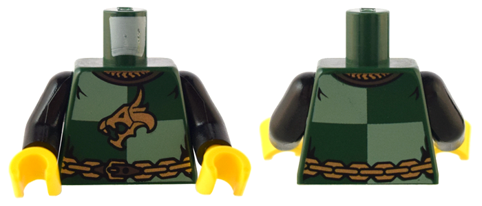 973pb0681c01 | Torso Castle Kingdoms Gold Dragon Head and Chain Belt on Sand Green and Dark Green Quarters Pattern / Black Arms / Yellow Hands | LEGOPART