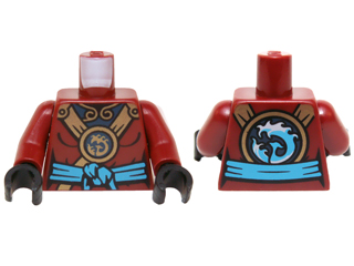 973pb2090c01 | Torso Ninjago Female Outline with Gold Straps, Round Emblem, Dark Azure Knotted Sash and Dark Blue Undershirt Pattern / Dark Red Arms / Black Hands | LEGOPART