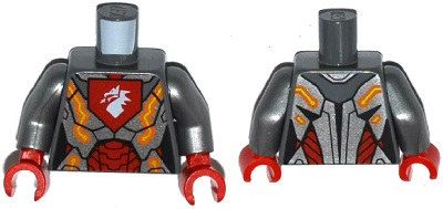 973pb2240c01 | Torso Nexo Knights Female Armor with Orange and Gold Circuitry and White Dragon Head on Red Pentagonal Shield Pattern / Flat Silver Arms / Red Hands | LEGOPART